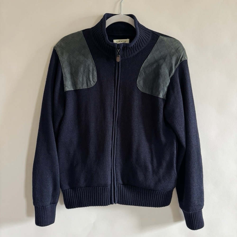 Orvis Mens 100% Wool Zip Up Jacket Suede Patches Medium Academia Blokecore Prep